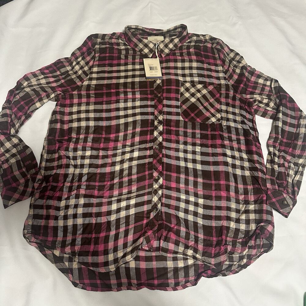 Casa Cabana Women's Plaid Button Down Shirt 100% Rayon Size XL Brown Raspberry